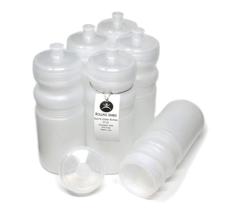 Rolling Sands USA Made 20 Ounce Sports Water Bottles - 6-Pack BPA-Free Blank Sports Bottles for Small Teams, Adults & Kids - Clear Frost Bottle/Clear Lid, No Smell No Taste - Image 1